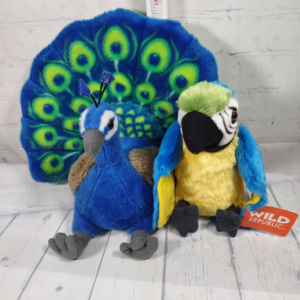 Lot of Two Wild Republic Plush PEACOCK & PARROT Soft Toys Stuffed Animal